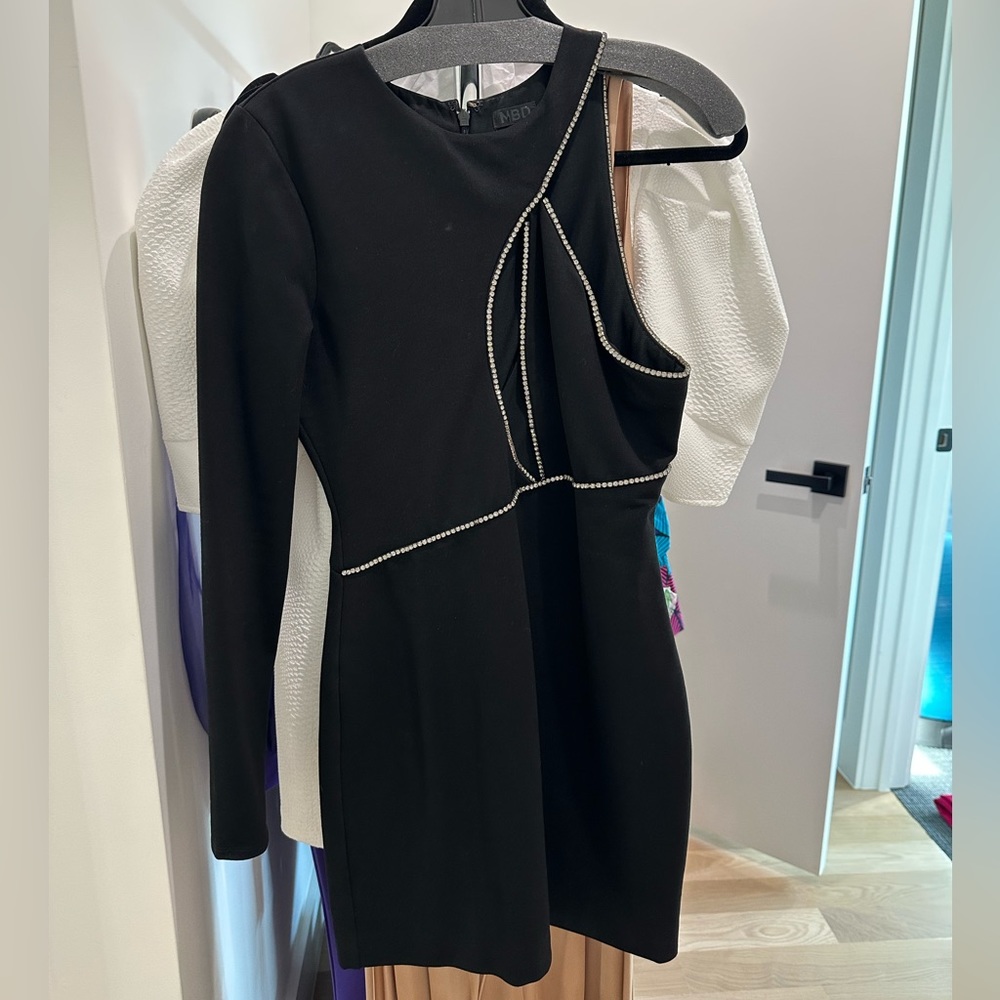 NBD Black One-Arm Asymmetrical Cutout Mini Dress with Rhinestone Trim - Picture 2 of 2